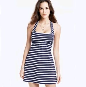 Lands End Tankini Top Swimsuit Swim Dress Halter Neck Size 6 Navy Blue Stripe.